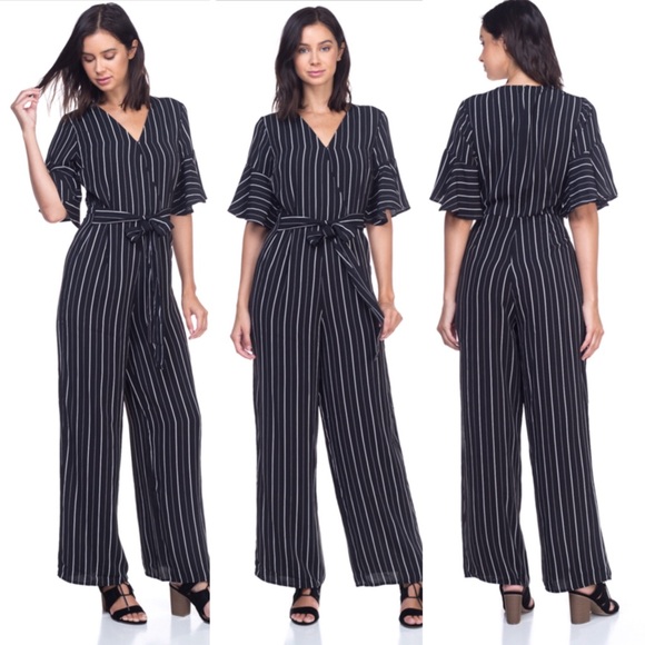 Haute Monde Pants - Striped ruffle short sleeves belted jumpsuit